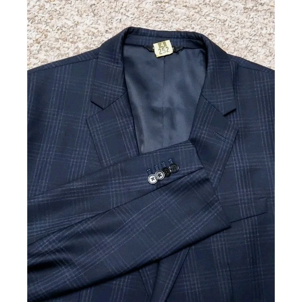 Banana Republic Slim Fit Navy Glen Plaid Marzotto Super 100s Wool Blazer 46 Long